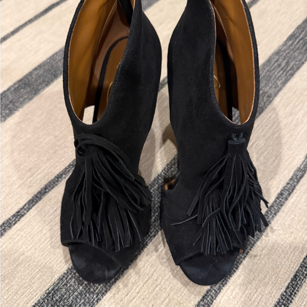 Rowen Black Fringe Open-Toe Heels Size 6.5